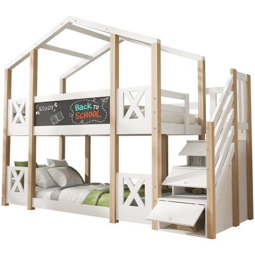 Cama beliche 90x200 cm - Cama infantil Baumhaus com escada, arrumação e proteção contra quedas - Natural e Branco