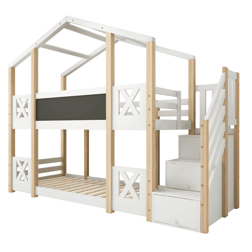 Cama beliche 90x200 cm - Cama infantil Baumhaus com escada, arrumação e proteção contra quedas - Natural e Branco