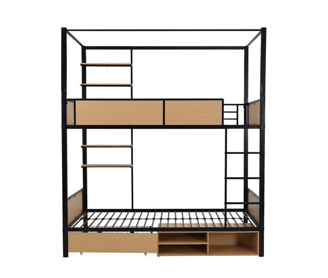 Cama alta 90x200 - cama de hierro + mdf, doble estante lateral, barandillas y escaleras resistentes, almacenamiento bajo la cama, cortina superior