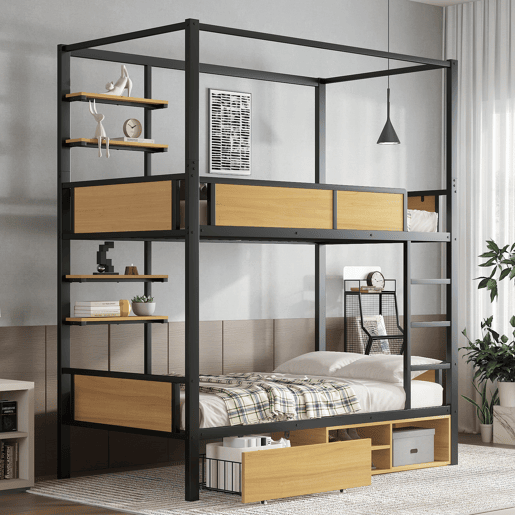 Cama alta 90x200 - Cama de ferro + MDF, prateleira lateral dupla, grades e escadas resistentes, arrumação debaixo da cama, cortina superior opcional - Preto+Natural