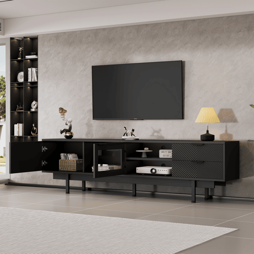 Móvel de TV 200x40x50,5 cm - Lowboard com 2 portas e 2 gavetas, suporte para TV com grande capacidade de armazenamento - Preto Móvel de TV 200x40x50,5 cm - Lowboard com 2 portas e 2 gavetas, suporte para TV com grande capacidade de armazenamento - Preto