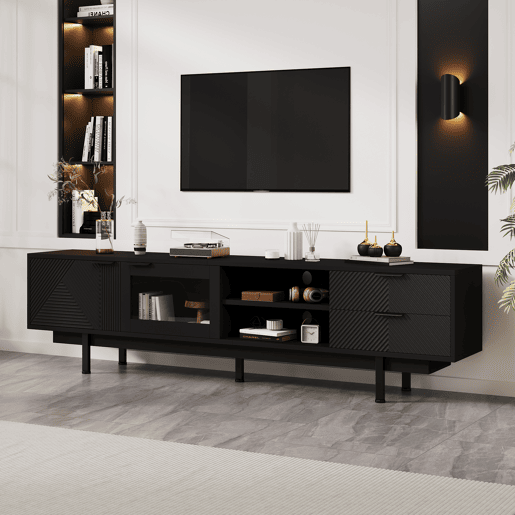 Móvel de TV 200x40x50,5 cm - Lowboard com 2 portas e 2 gavetas, suporte para TV com grande capacidade de armazenamento - Preto Móvel de TV 200x40x50,5 cm - Lowboard com 2 portas e 2 gavetas, suporte para TV com grande capacidade de armazenamento - Preto