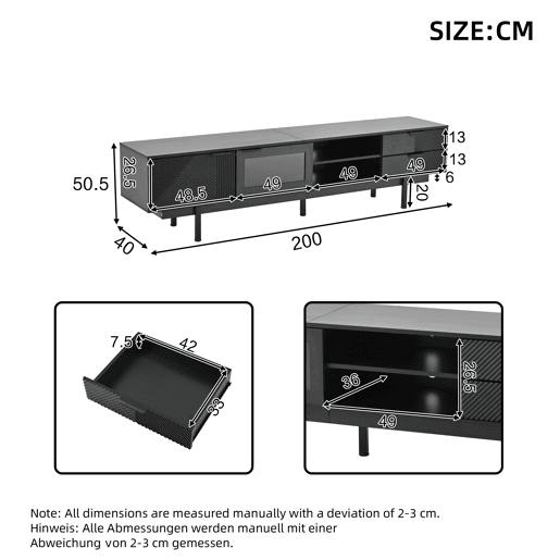 Móvel de TV 200x40x50,5 cm - Lowboard com 2 portas e 2 gavetas, suporte para TV com grande capacidade de armazenamento - Preto Móvel de TV 200x40x50,5 cm - Lowboard com 2 portas e 2 gavetas, suporte para TV com grande capacidade de armazenamento - Preto