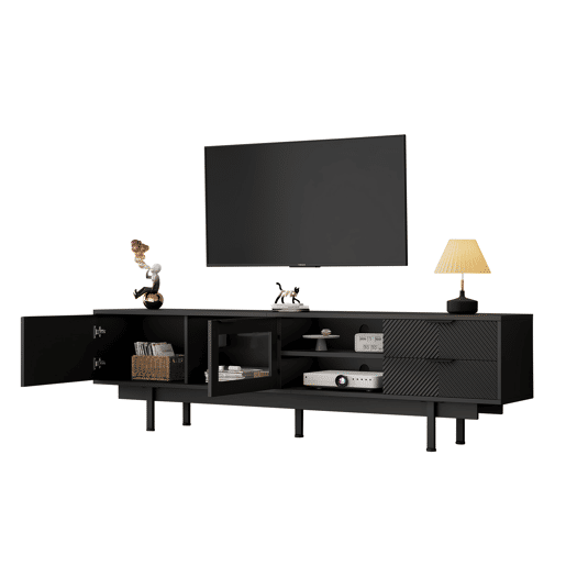 Móvel de TV 200x40x50,5 cm - Lowboard com 2 portas e 2 gavetas, suporte para TV com grande capacidade de armazenamento - Preto Móvel de TV 200x40x50,5 cm - Lowboard com 2 portas e 2 gavetas, suporte para TV com grande capacidade de armazenamento - Preto