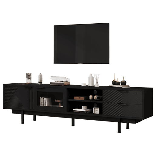 Móvel de TV 200x40x50,5 cm - Lowboard com 2 portas e 2 gavetas, suporte para TV com grande capacidade de armazenamento - Preto Móvel de TV 200x40x50,5 cm - Lowboard com 2 portas e 2 gavetas, suporte para TV com grande capacidade de armazenamento - Preto