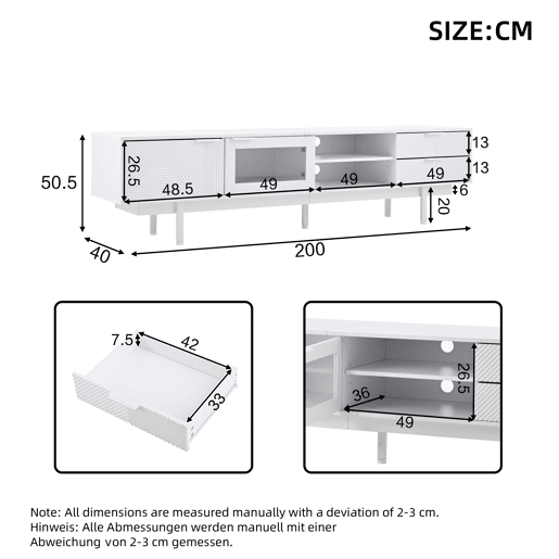 Móvel de TV 200x40x50,5 cm - Lowboard com 2 portas e 2 gavetas, suporte para TV com grande capacidade de armazenamento - Branco Móvel de TV 200x40x50,5 cm - Lowboard com 2 portas e 2 gavetas, suporte para TV com grande capacidade de armazenamento - Branco