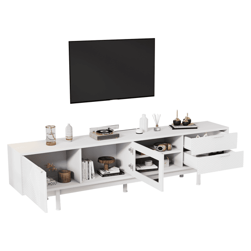 Móvel de TV 200x40x50,5 cm - Lowboard com 2 portas e 2 gavetas, suporte para TV com grande capacidade de armazenamento - Branco Móvel de TV 200x40x50,5 cm - Lowboard com 2 portas e 2 gavetas, suporte para TV com grande capacidade de armazenamento - Branco