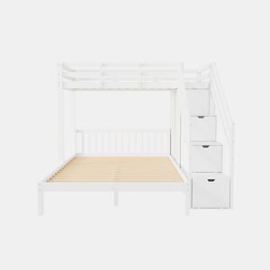 Cama beliche infantil + 90x200cm+140x200cm - Multifuncional com armário e escada de arrumação, grande espaço de arrumação - Branco