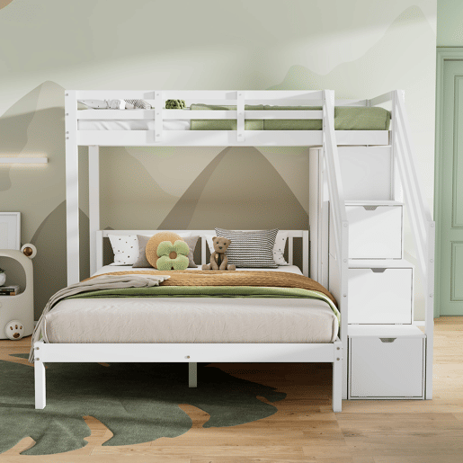 Cama beliche infantil + 90x200cm+140x200cm - Multifuncional com armário e escada de arrumação, grande espaço de arrumação - Branco