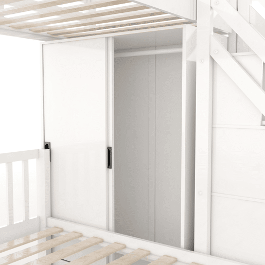 Cama beliche infantil + 90x200cm+140x200cm - Multifuncional com armário e escada de arrumação, grande espaço de arrumação - Branco