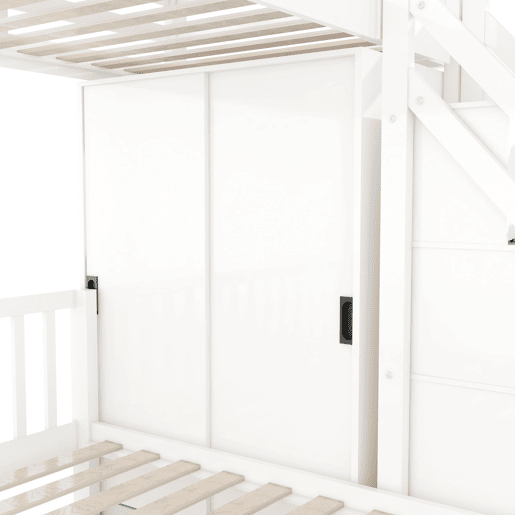 Cama beliche infantil + 90x200cm+140x200cm - Multifuncional com armário e escada de arrumação, grande espaço de arrumação - Branco