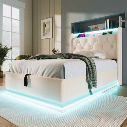 Cama individual 90x200 - LED 360°, armazenamento hidráulico, cabeceira acolchoada com USB Tipo-C - Branco PU