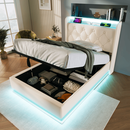 Cama individual 90x200 - LED 360°, armazenamento hidráulico, cabeceira acolchoada com USB Tipo-C - Branco PU