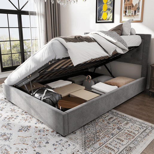 Cama estofada 140*200 - com arrumação, cabeceira acolchoada, estilo Chesterfield - cinzento
