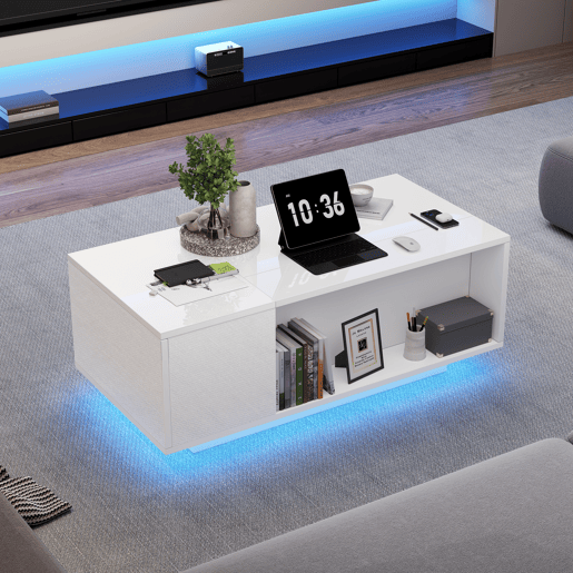 Mesa de centro 100x50x40 cm - Mesa de café ajustável com arrumação oculta, mesa auxiliar com luz LED, mesa de sala com gaveta - Branca