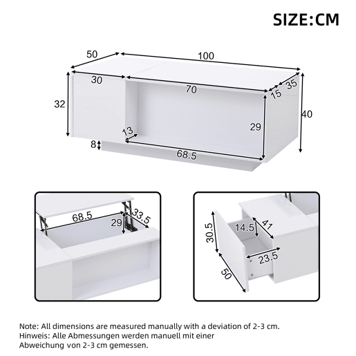 Mesa de centro 100x50x40 cm - Mesa de café ajustável com arrumação oculta, mesa auxiliar com luz LED, mesa de sala com gaveta - Branca