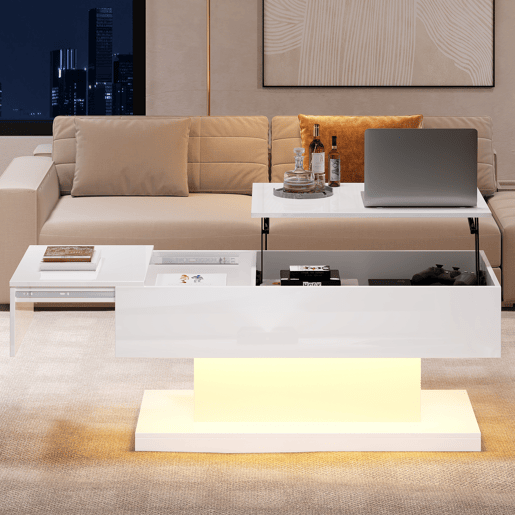 Mesa de centro elevável 100x50x45 cm - Com LED, superfície elevável e design deslizante lateral, elevação hidráulica e armazenamento - Branco