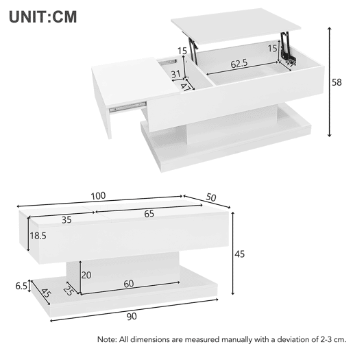 Mesa de centro elevável 100x50x45 cm - Com LED, superfície elevável e design deslizante lateral, elevação hidráulica e armazenamento - Branco