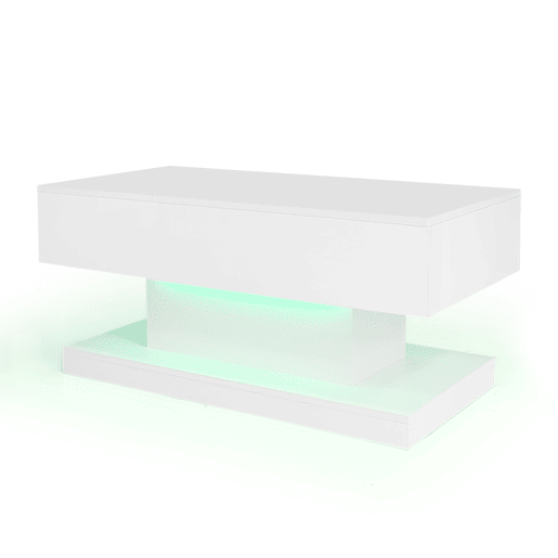 Mesa de centro elevável 100x50x45 cm - Com LED, superfície elevável e design deslizante lateral, elevação hidráulica e armazenamento - Branco
