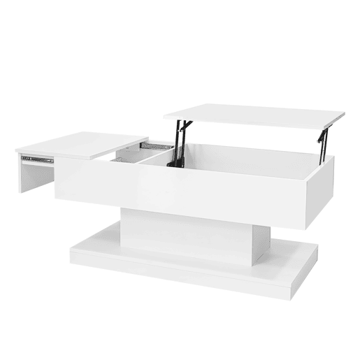 Mesa de centro elevável 100x50x45 cm - Com LED, superfície elevável e design deslizante lateral, elevação hidráulica e armazenamento - Branco