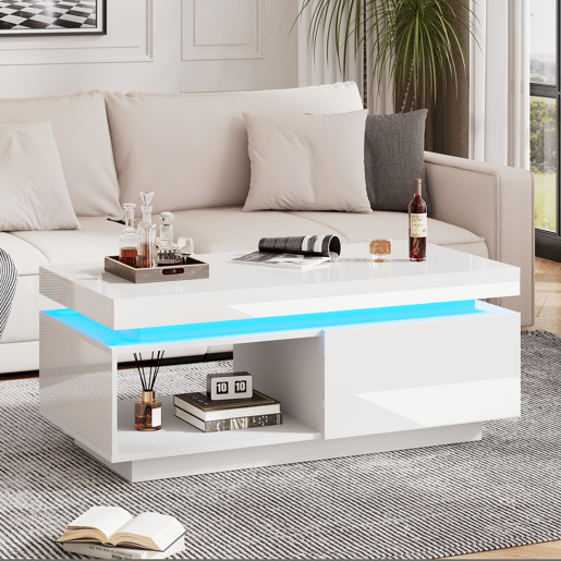 Mesa de centro moderna de alto brilho 100x50x40,3 cm - Mesa elegante com iluminação LED, gaveta e capacidade de carga de 50 kg