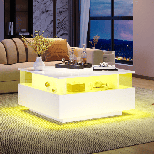 Mesa de centro LED 70x70x41 cm - 2 gavetas, área de exposição transparente - Branco