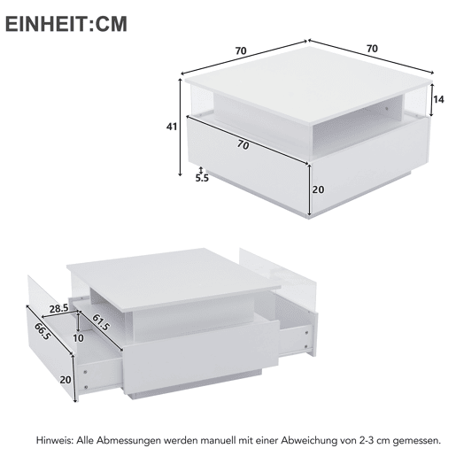 Mesa de centro LED 70x70x41 cm - 2 gavetas, área de exposição transparente - Branco