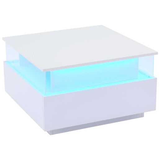 Mesa de centro LED 70x70x41 cm - 2 gavetas, área de exposição transparente - Branco