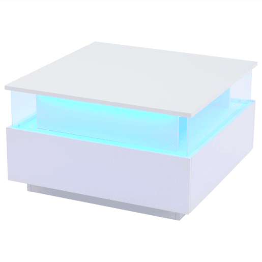 Mesa de centro LED 70x70x41 cm - 2 gavetas, área de exposição transparente - Branco