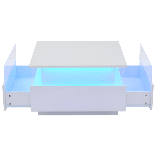 Mesa de centro LED 70x70x41 cm - 2 gavetas, área de exposição transparente - Branco