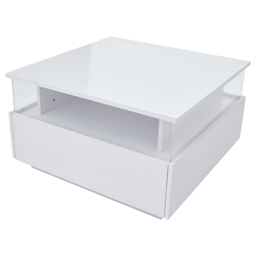 Mesa de centro LED 70x70x41 cm - 2 gavetas, área de exposição transparente - Branco