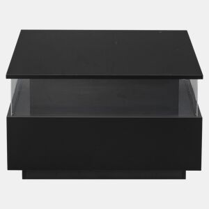 Mesa de centro moderna com LED 70x70x41 cm - 2 gavetas, área de exposição transparente, carga até 30 kg - Preto