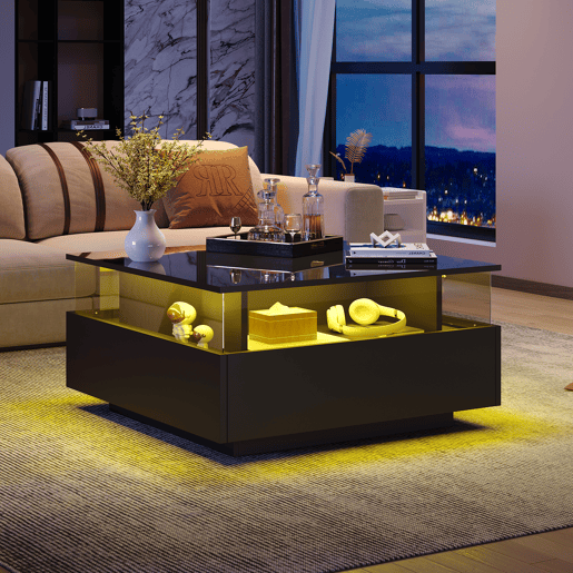 Mesa de centro moderna com LED 70x70x41 cm - 2 gavetas, área de exposição transparente, carga até 30 kg - Preto Mesa de centro moderna com LED 70x70x41 cm - 2 gavetas, área de exposição transparente, carga até 30 kg - Preto