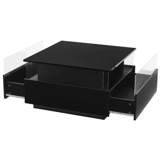 Mesa de centro moderna com LED 70x70x41 cm - 2 gavetas, área de exposição transparente, carga até 30 kg - Preto Mesa de centro moderna com LED 70x70x41 cm - 2 gavetas, área de exposição transparente, carga até 30 kg - Preto