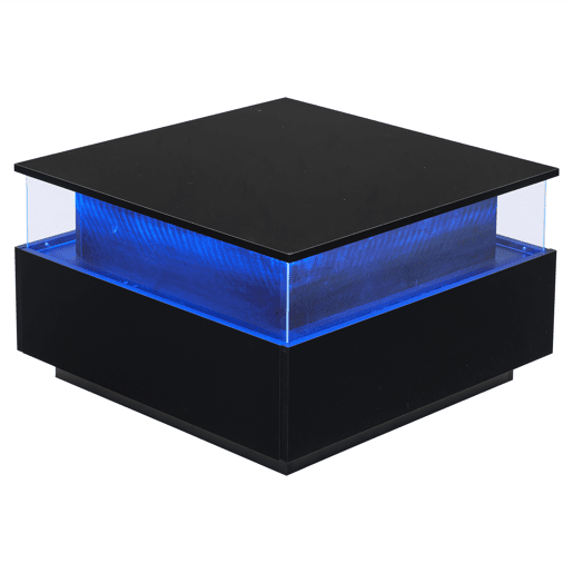 Mesa de centro moderna com LED 70x70x41 cm - 2 gavetas, área de exposição transparente, carga até 30 kg - Preto Mesa de centro moderna com LED 70x70x41 cm - 2 gavetas, área de exposição transparente, carga até 30 kg - Preto