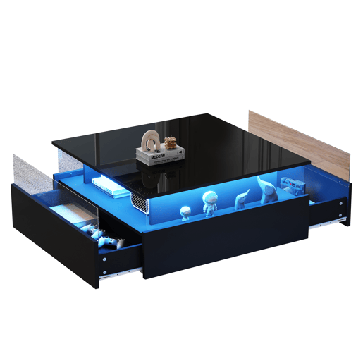Mesa de centro moderna com LED 70x70x41 cm - 2 gavetas, área de exposição transparente, carga até 30 kg - Preto Mesa de centro moderna com LED 70x70x41 cm - 2 gavetas, área de exposição transparente, carga até 30 kg - Preto