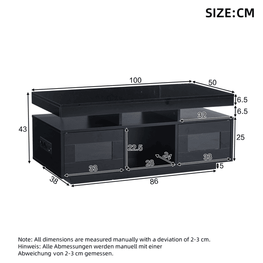 Mesa de centro 100x50x43 cm - Com luzes LED controláveis por aplicação, mesa com armazenamento e portas de carregamento - Preto
