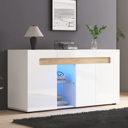 Móvel auxiliar 140x40x70 cm - Móvel de sala com controlo LED e aplicação - Branco com base em vidro Móvel auxiliar 140x40x70 cm - Móvel de sala com controlo LED e aplicação - Branco com base em vidro