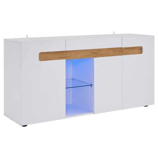 Móvel auxiliar 140x40x70 cm - Móvel de sala com controlo LED e aplicação - Branco com base em vidro Móvel auxiliar 140x40x70 cm - Móvel de sala com controlo LED e aplicação - Branco com base em vidro