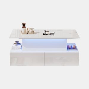 Mesa de centro moderna 90x55x41 cm - Com iluminação LED e 4 gavetas - Branco brilhante