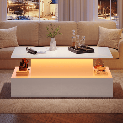 Mesa de centro moderna 90x55x41 cm - Com iluminação LED e 4 gavetas - Branco brilhante
