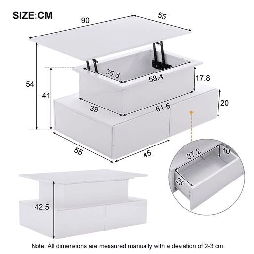 Mesa de centro moderna 90x55x41 cm - Com iluminação LED e 4 gavetas - Branco brilhante