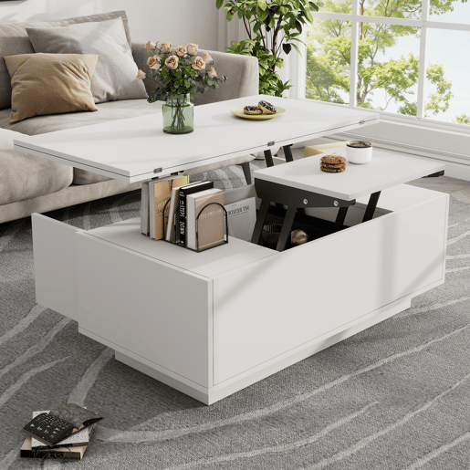 Mesa de centro moderna com mecanismo duplo elevável, arrumação oculta, suporta até 50 kg - Branco Mesa de centro moderna com mecanismo duplo elevável, arrumação oculta, suporta até 50 kg - Branco