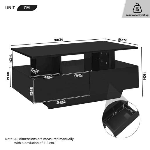 Mesa de centro moderna 90x55x41 cm - com LED, 2 gavetas, design elegante - Preto