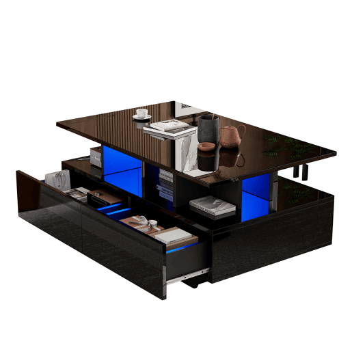 Mesa de centro moderna 90x55x41 cm - com LED, 2 gavetas, design elegante - Preto