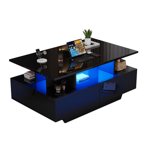 Mesa de centro moderna 90x55x41 cm - com LED, 2 gavetas, design elegante - Preto