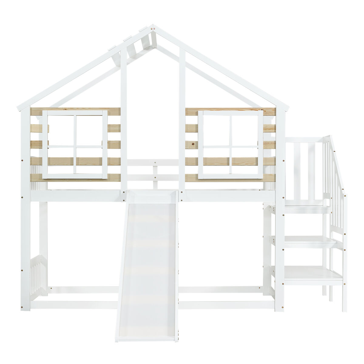 Cama litera 90x200 cm - cama de madera con escalera y barandilla, con tobogán y ventana - blanca