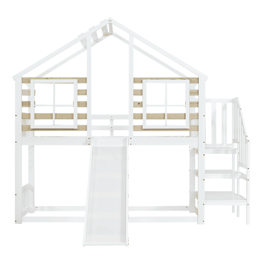 Beliche 90x200 cm - Cama de madeira com escada e corrimão, com escorregador e janela - Branca Beliche 90x200 cm - Cama de madeira com escada e corrimão, com escorregador e janela - Branca