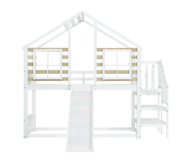 Cama litera 90x200 cm - cama de madera con escalera y barandilla, con tobogán y ventana - blanca