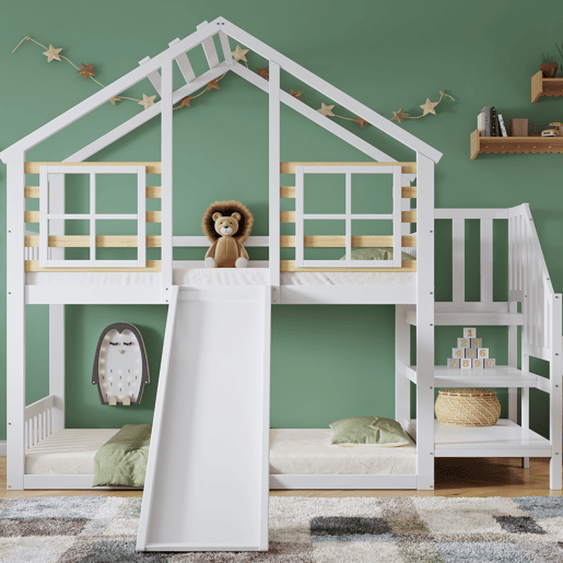 Beliche 90x200 cm - Cama de madeira com escada e corrimão, com escorregador e janela - Branca Beliche 90x200 cm - Cama de madeira com escada e corrimão, com escorregador e janela - Branca